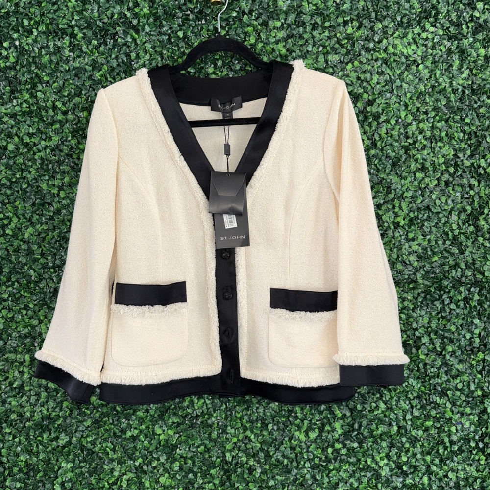 NWT St. John Cream Jacket Trimmed‎ In Black Loops Sz 10